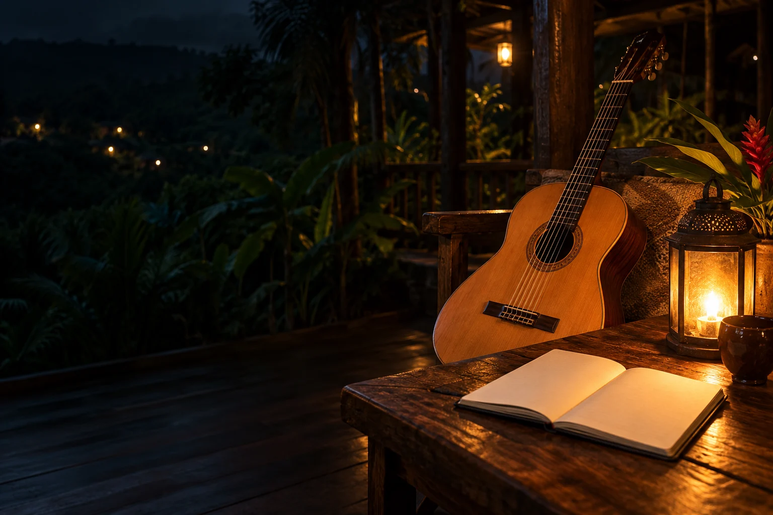 Une guitare et un carnet à la lumière d’une lanterne, sur une terrasse tropicale le soir.